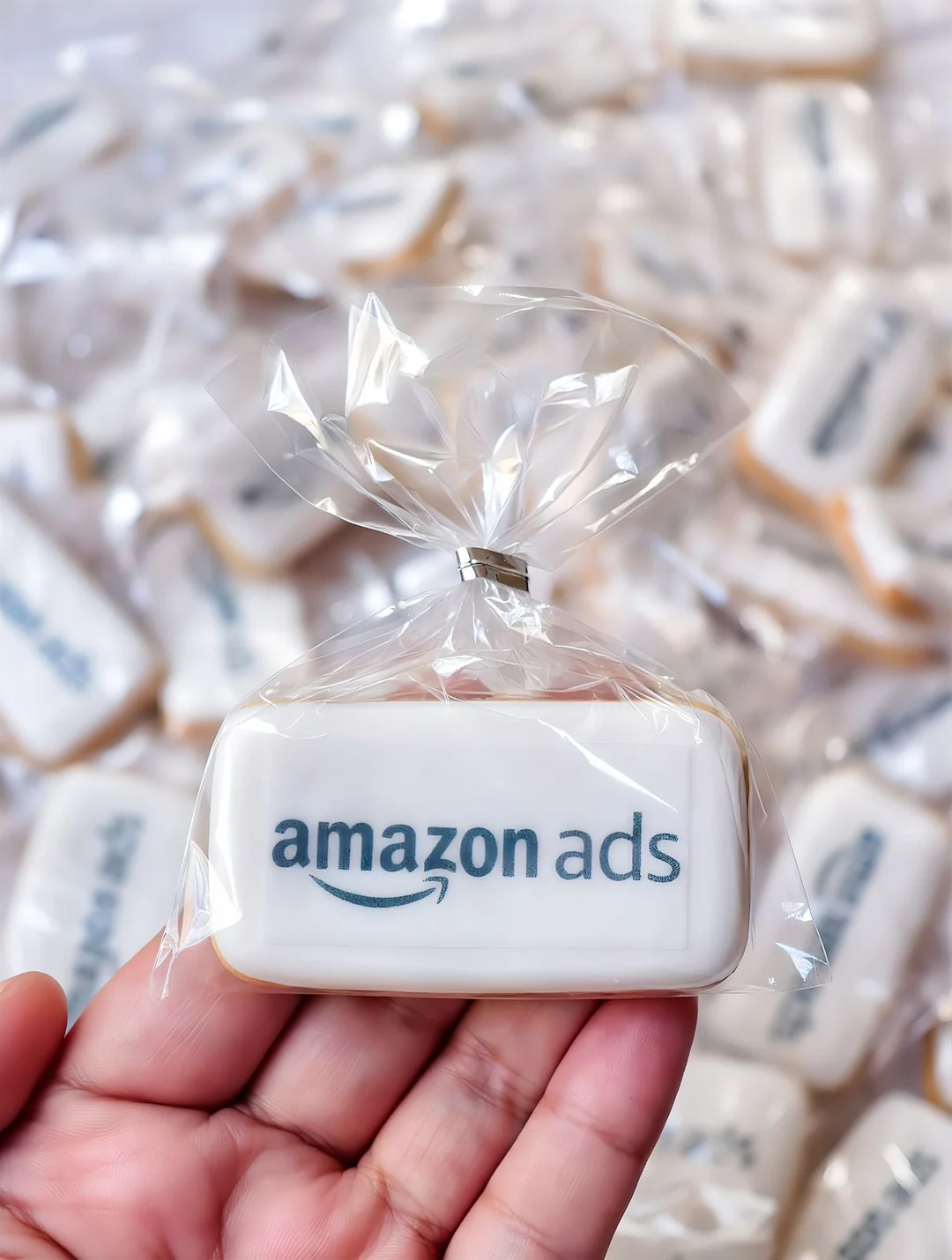 Biscoito da Biscoithá com a identidade Amazon Ads e embalagem individual